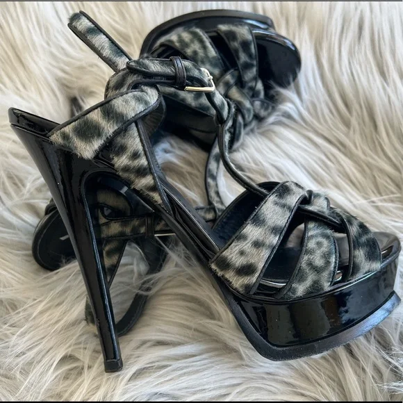 YSL Tribute Platform heels sz 35.5 Black/ faux fur Authentic - Picture 2 of 13